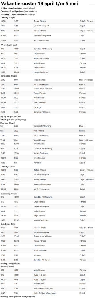 Sportschool de Leeuw meivakantie rooster
