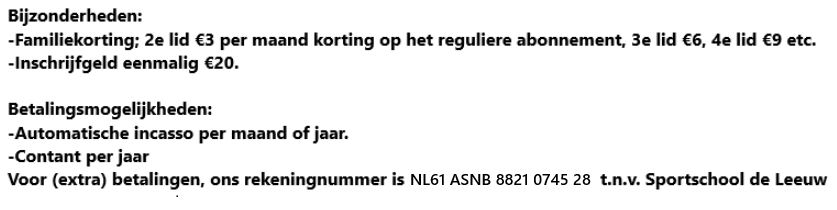Tarieven 2026 Sportschool de Leeuw